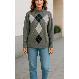 Alfred Dunner Women Sweater Gray Sz L Knit Argyle Mock Neck Long Sleeve Pullover